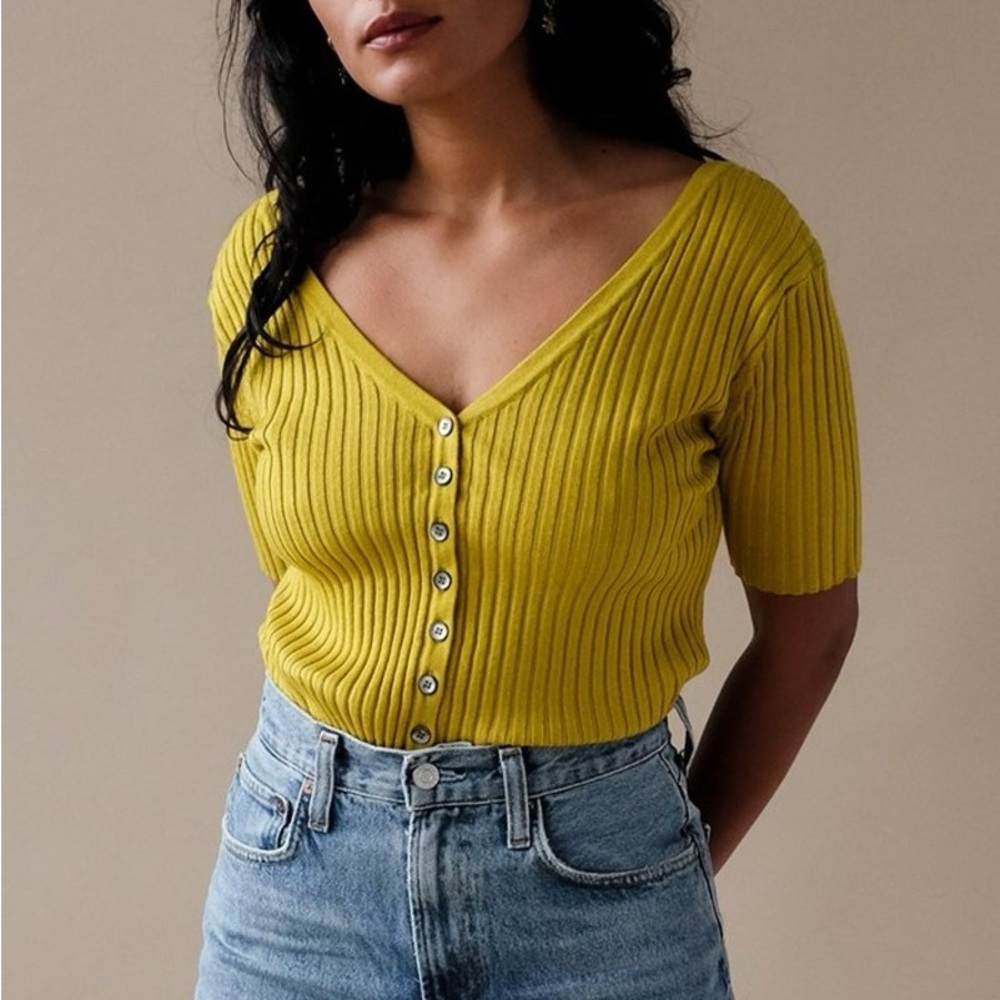 Anthropologie Callahan Knitwear Connie Rib Wool Blend Yellow Cardigan Top